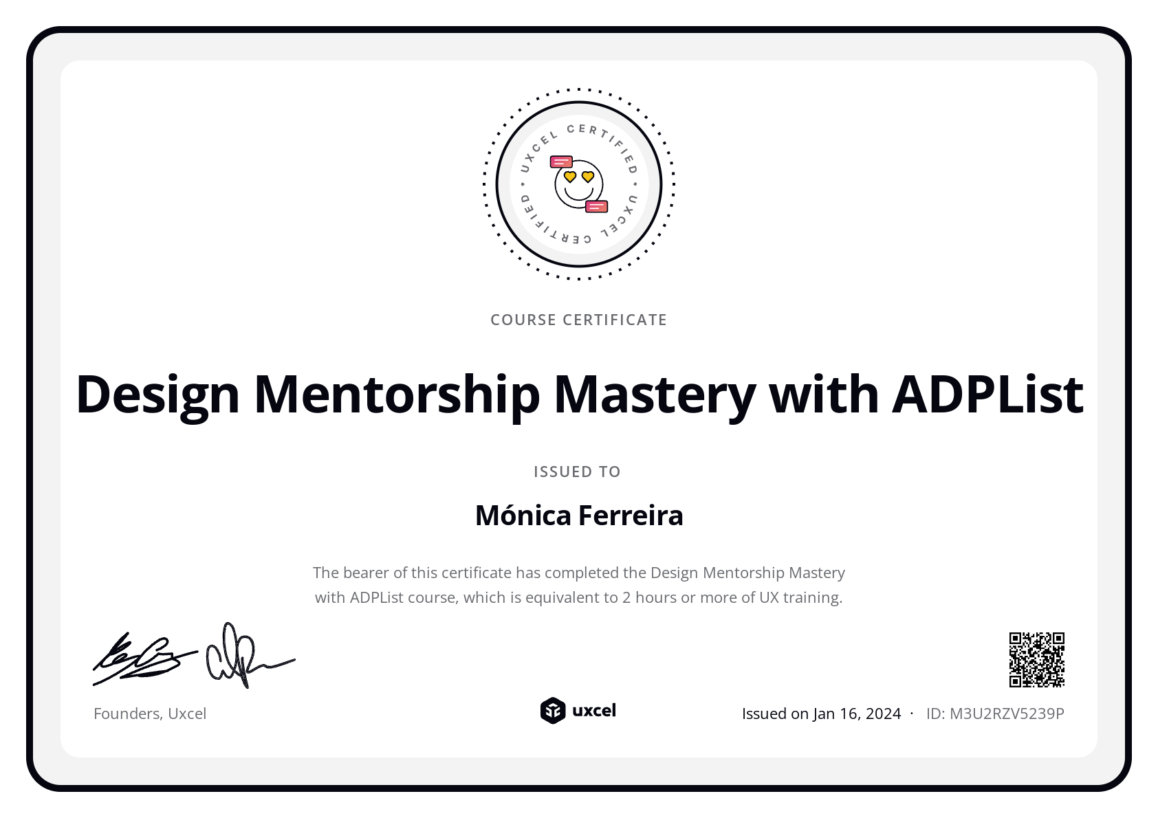 Mónica Ferreira's certificate